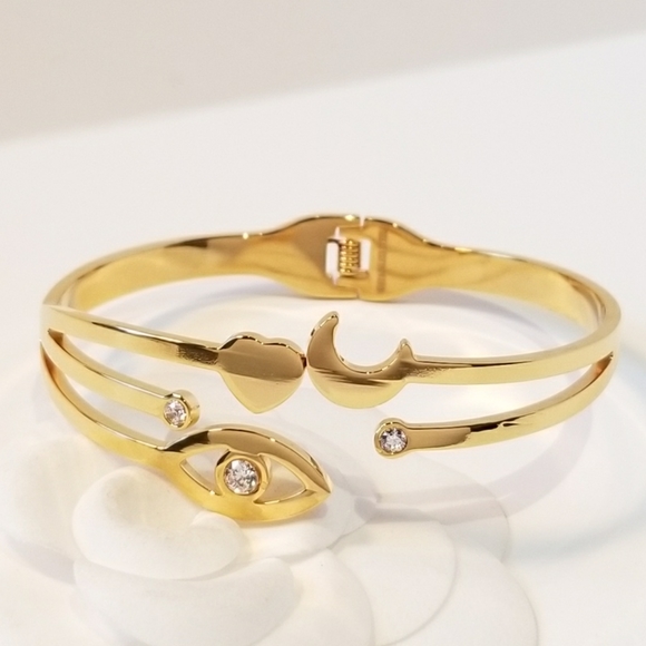 18K Gold Evil Eye Heart Moon Bracelet Bangle Cuff - Picture 5 of 7
